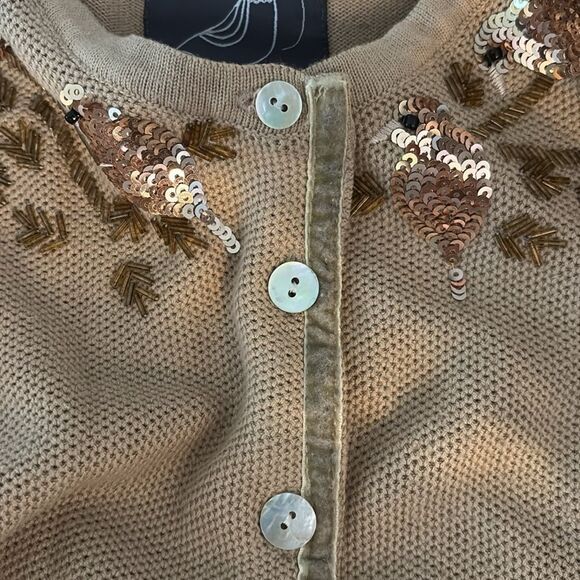 Knitted Dove XL Beige Sequin Bird Waffle Knit Cardigan Sweater - Picture 5 of 5
